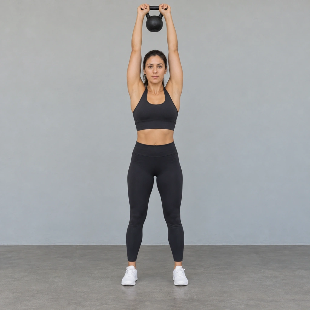 A woman standing with a kettlebell held by both hands, arms locked out straight overhead.