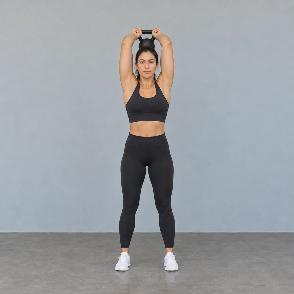 The same woman, the kettlebell now lowered behind her head, her elbows bent.