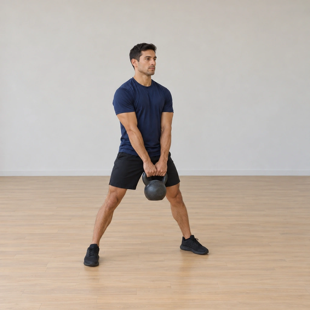 He stands in a wide stance holding one kettlebell with both hands; the bell hangs at waist level on extended straight arms, head neutral.