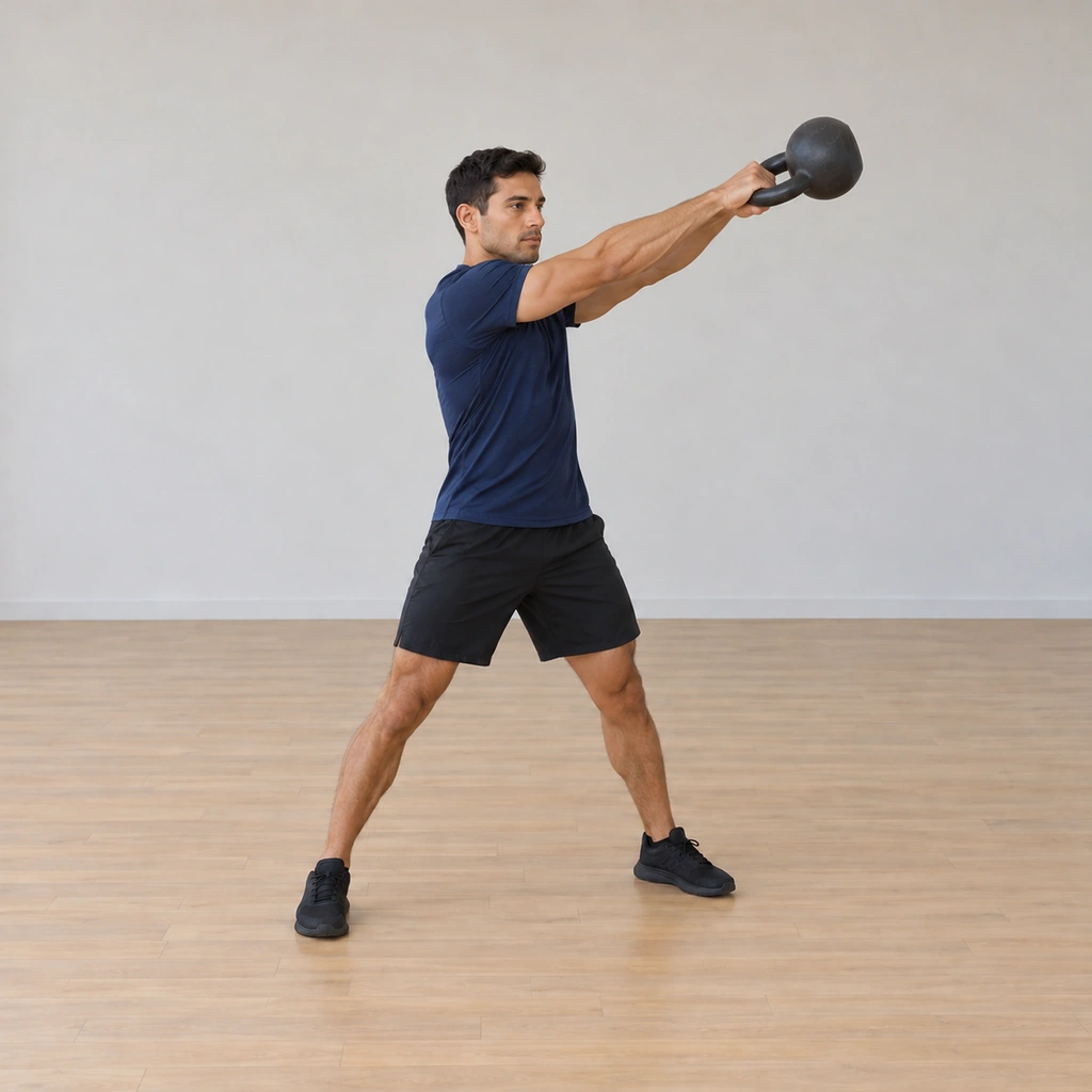 His torso is rotated to one side and the bell has swung up beside him to head height, arrested in a brief pause at the top of its arc.
