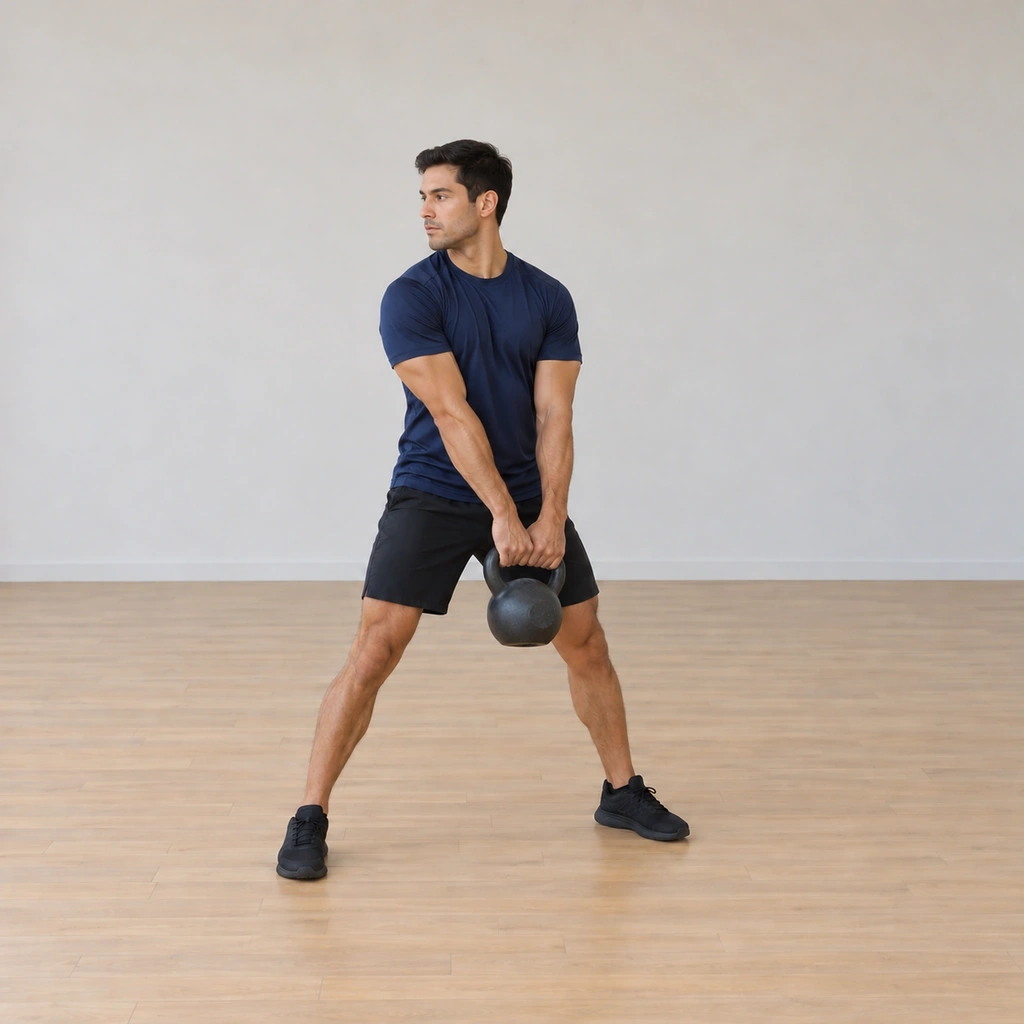 The bell is dropping through the midline at low level while his torso unwinds and begins rotating the opposite way, arms still extended.