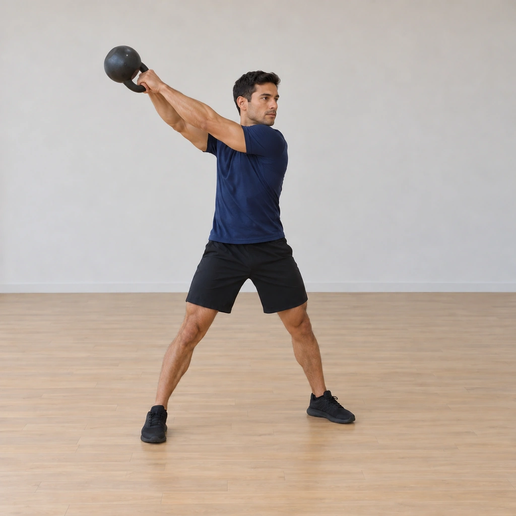 His torso is rotated fully to the opposite side and the bell has risen again to head height beside him, arrested at the top of the second arc.
