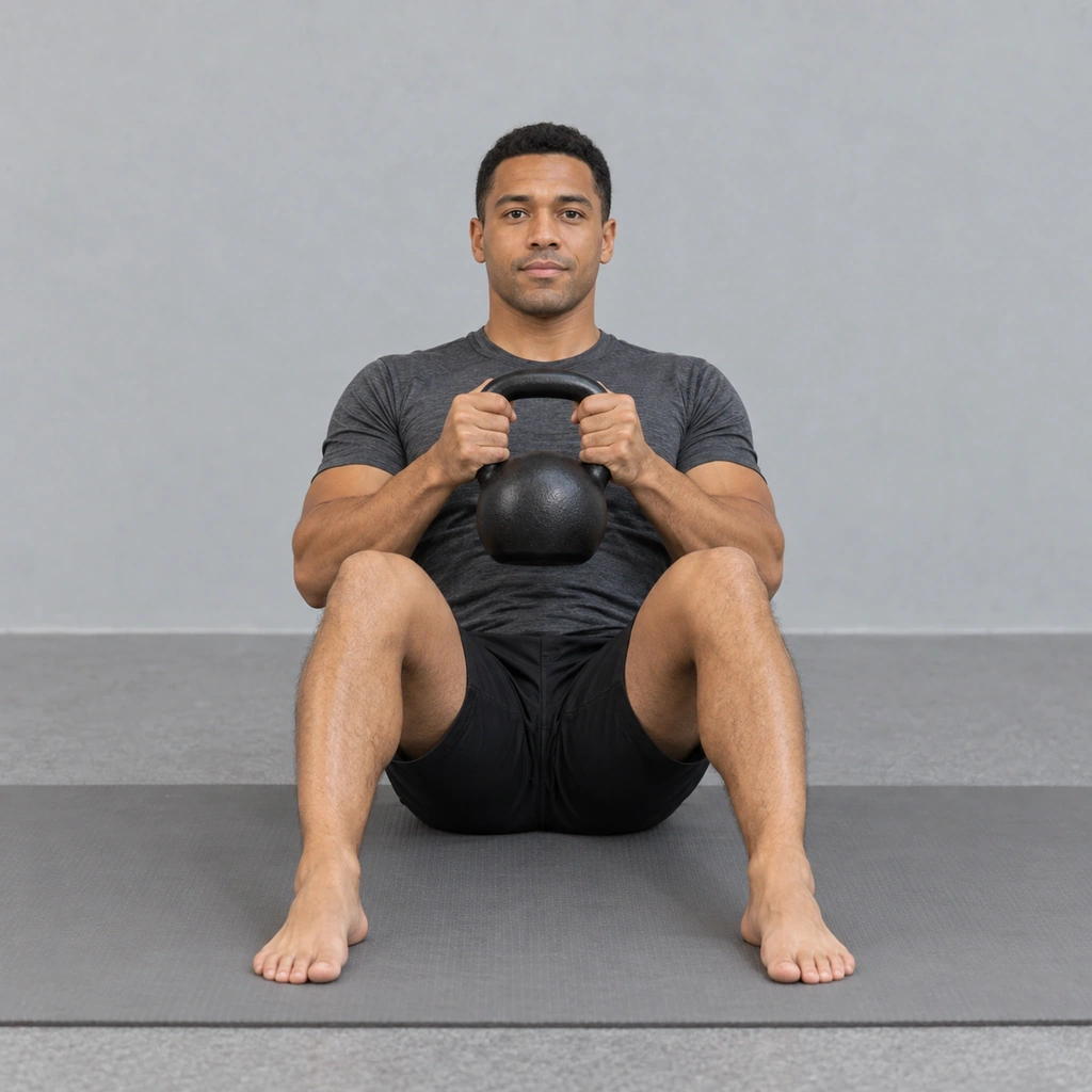 An adult man seated with both feet grounded, centred hold: both hands on kettlebell horns.