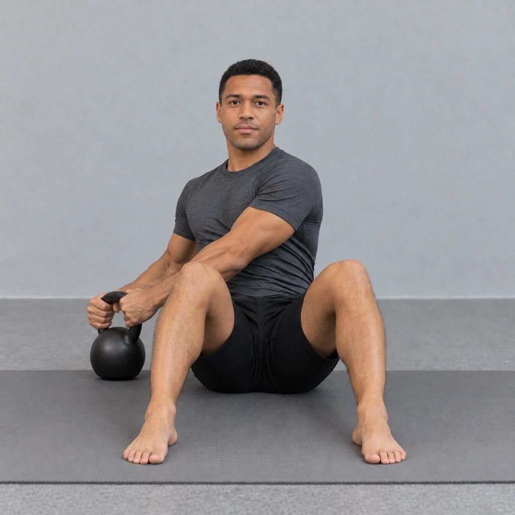 An adult man seated with both feet grounded, right rotation: flat-base tap beside right hip.