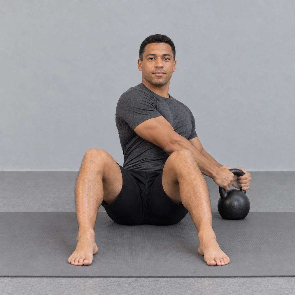 An adult man seated with both feet grounded, left rotation: flat-base tap beside left hip.