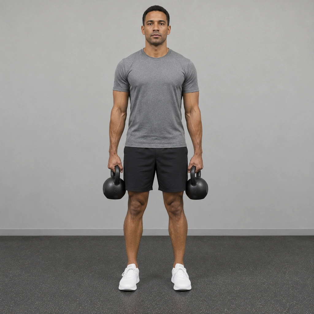 A man standing facing the camera with a kettlebell hanging from each hand beside his thighs, his arms straight and his shoulders relaxed and low.