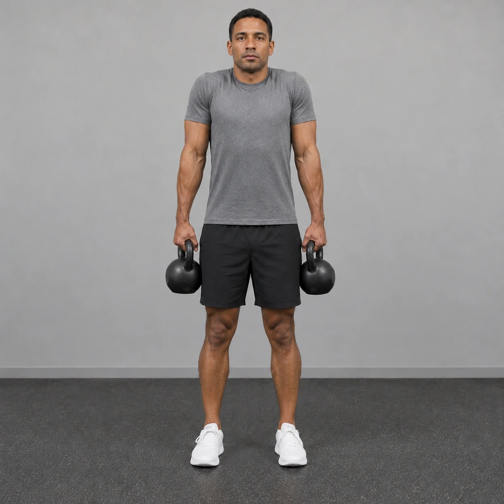 The same man with both shoulders lifted high toward his ears, his arms still straight and a kettlebell still hanging from each hand beside his thighs.
