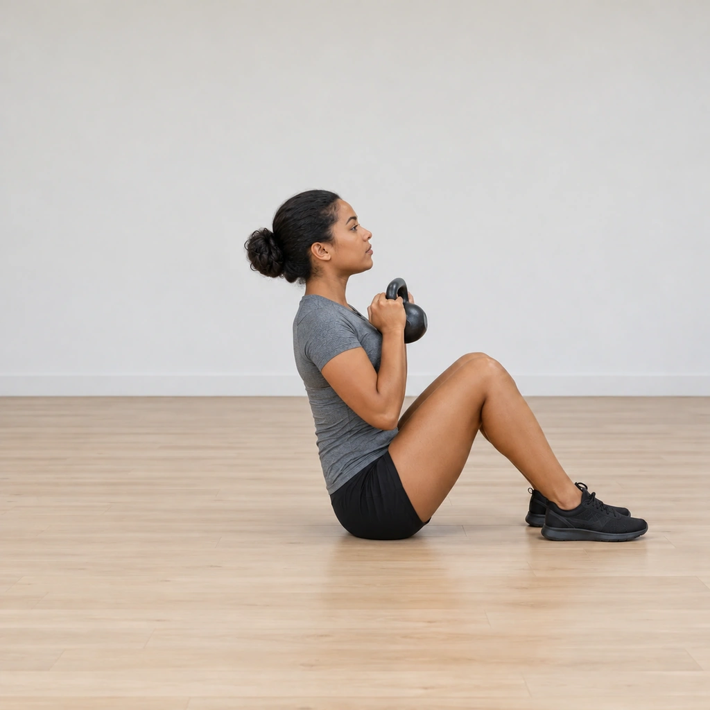 She is mid-sit-up: trunk curling up off the floor toward upright, the kettlebell still held on her chest, feet flat, elbows tucked at her ribs.