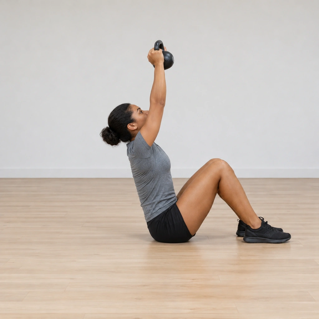 She sits fully upright and presses: trunk vertical over her hips, legs still bent on the floor, the kettlebell driven smoothly to arm's length overhead, eyes forward.