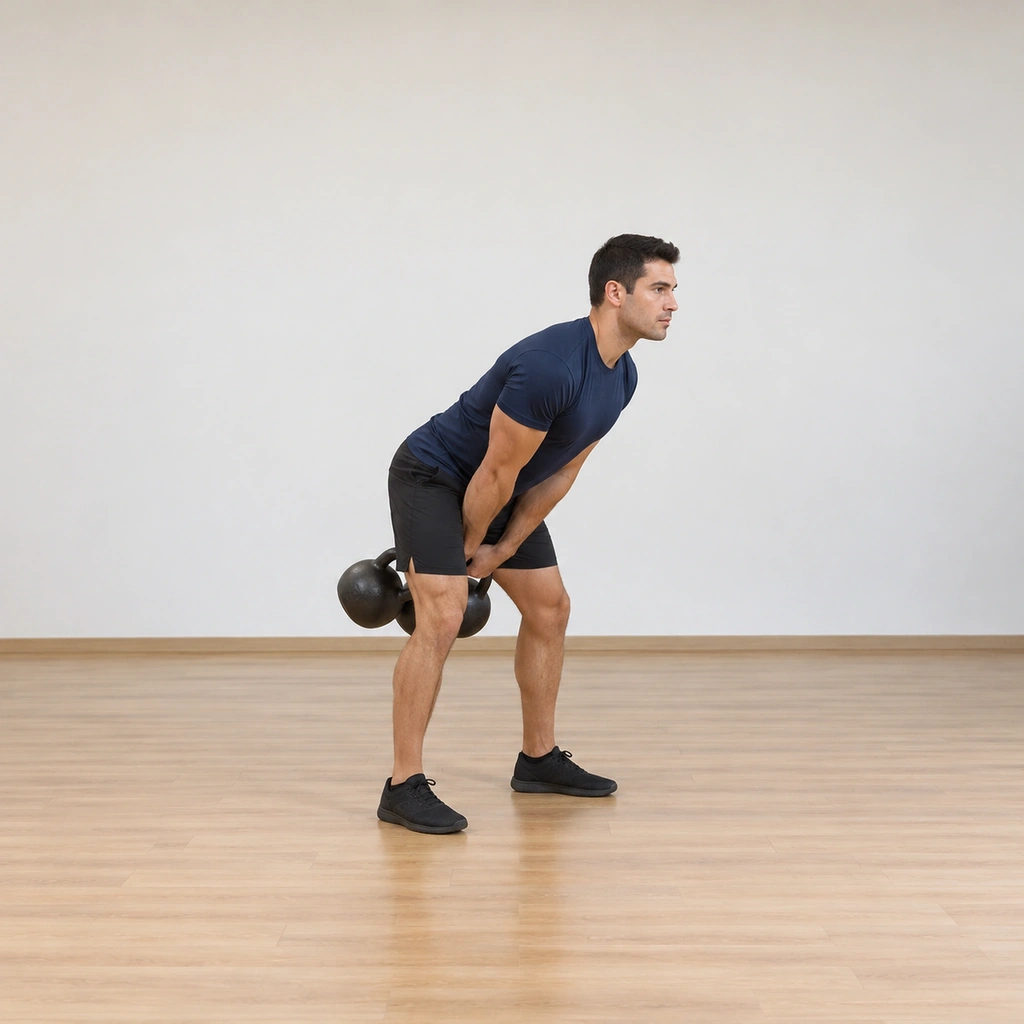 He hinges at the hips with both kettlebells swung back between his legs on relaxed arms, torso tilted and weight balanced.