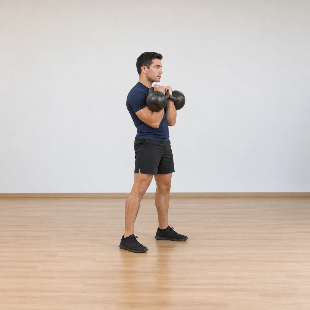 He stands upright with both kettlebells racked on his forearms, his elbows pressed into his trunk, resting in the rack pause.
