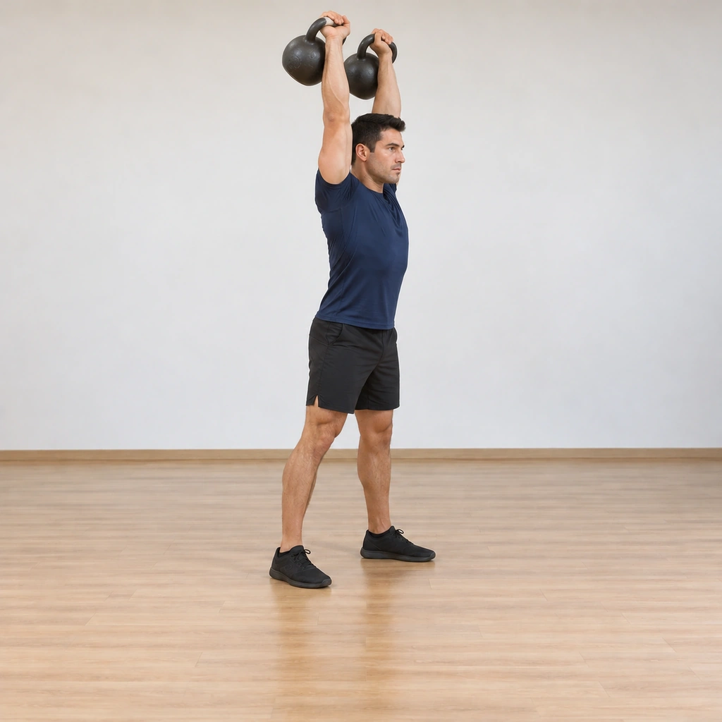 He stands still with both kettlebells locked overhead on straight arms, ready to lower them back to the rack.