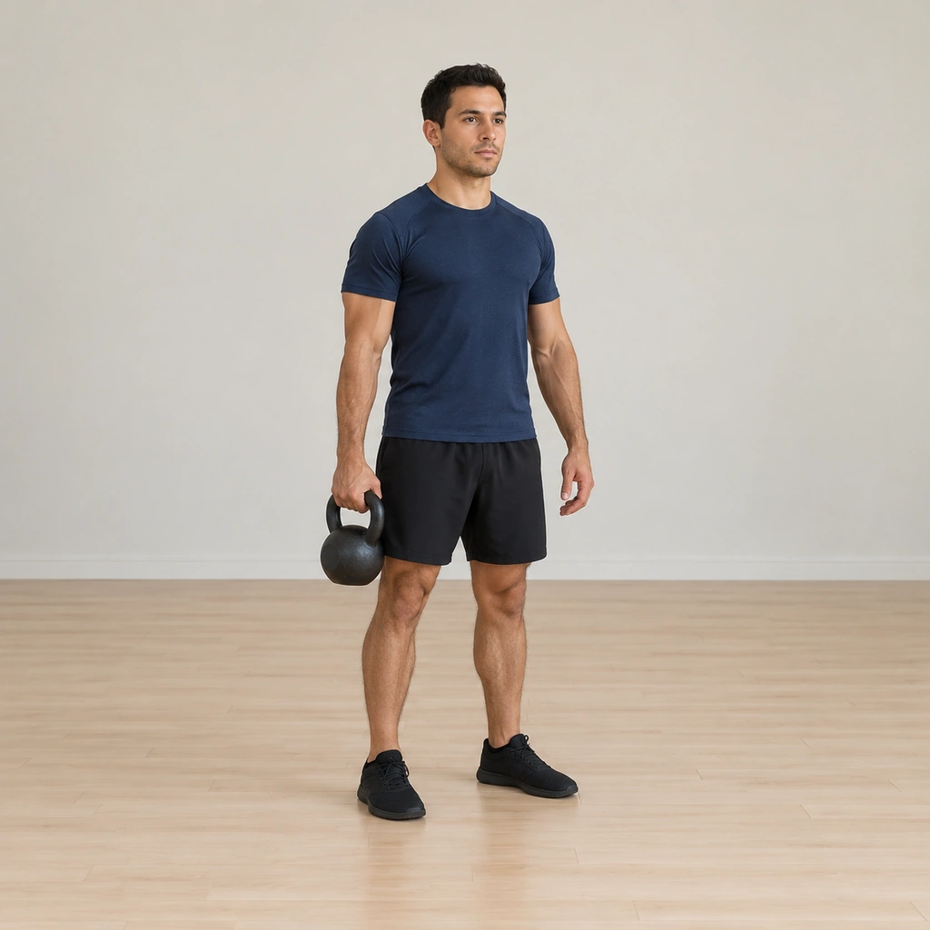 He stands tall: feet planted hip-width, the single kettlebell hanging in his right hand at his side, his left arm free, preparing to step back.