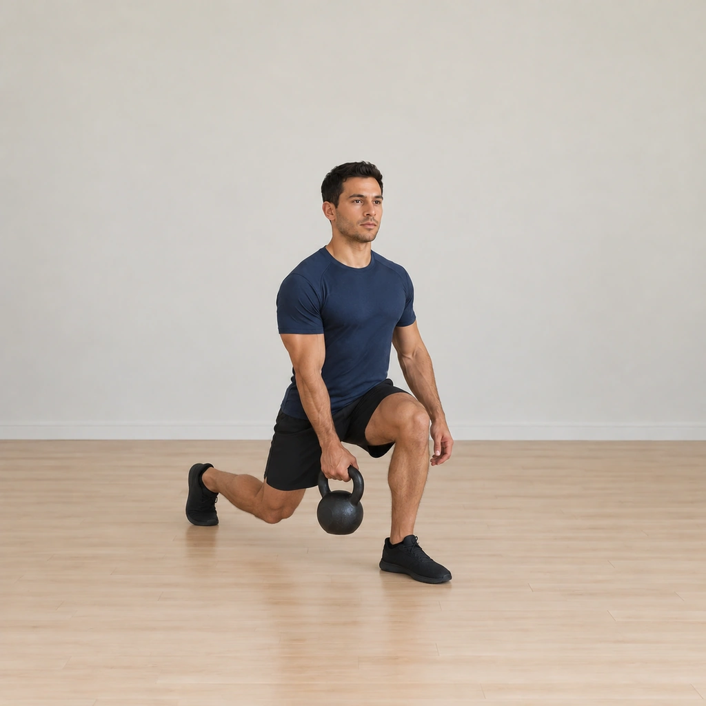 He is mid-lunge: the right leg stepped back deep, the back knee bent low toward the floor, the front thigh deep at parallel, the kettlebell still in the right hand beside the front leg.