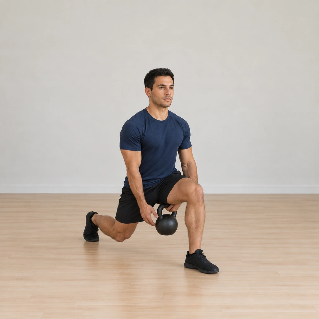 He is at the pass: still deep in the lunge, the kettlebell mid-hand-off under his front thigh - his right hand releasing it below the leg as his left hand takes it on the far side.