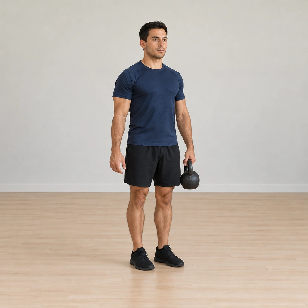 He is mid-return: rising from the lunge and stepping the back leg forward to meet the front foot, the kettlebell now held in the left hand, resetting for the opposite-leg rep.