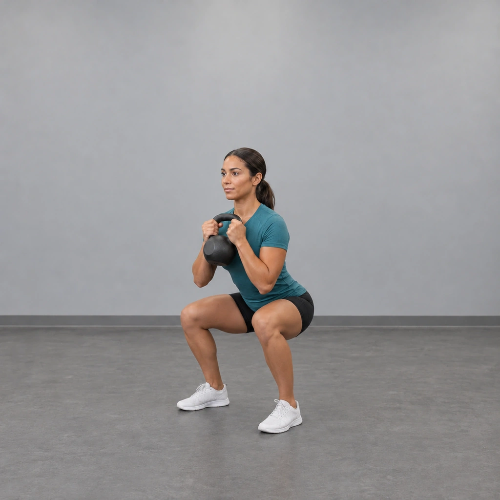 The same woman in a squat with her thighs about level with the floor, still holding the kettlebell at her chest by its horns.