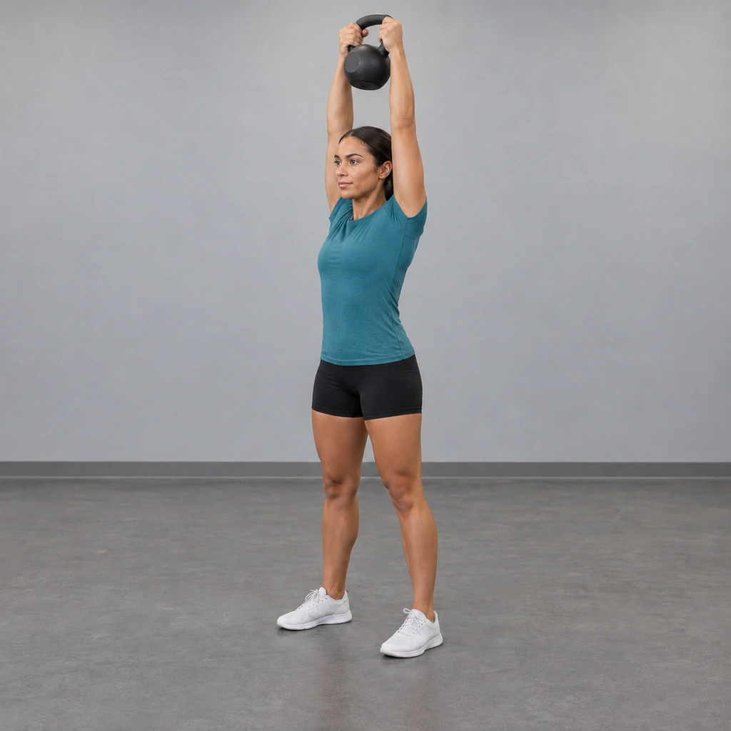 The same woman standing tall with both arms fully extended overhead, holding the kettlebell above her head by its horns.