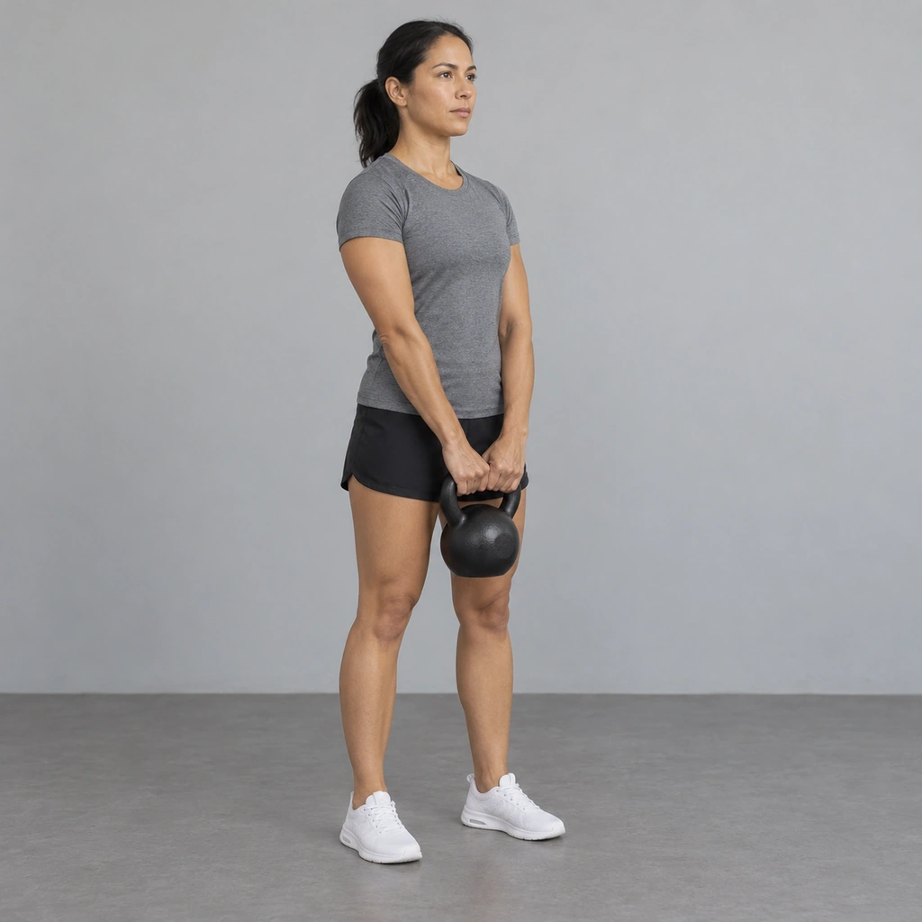 A woman standing tall holding a kettlebell by its handle with both hands, arms straight, the bell hanging in front of her hips.