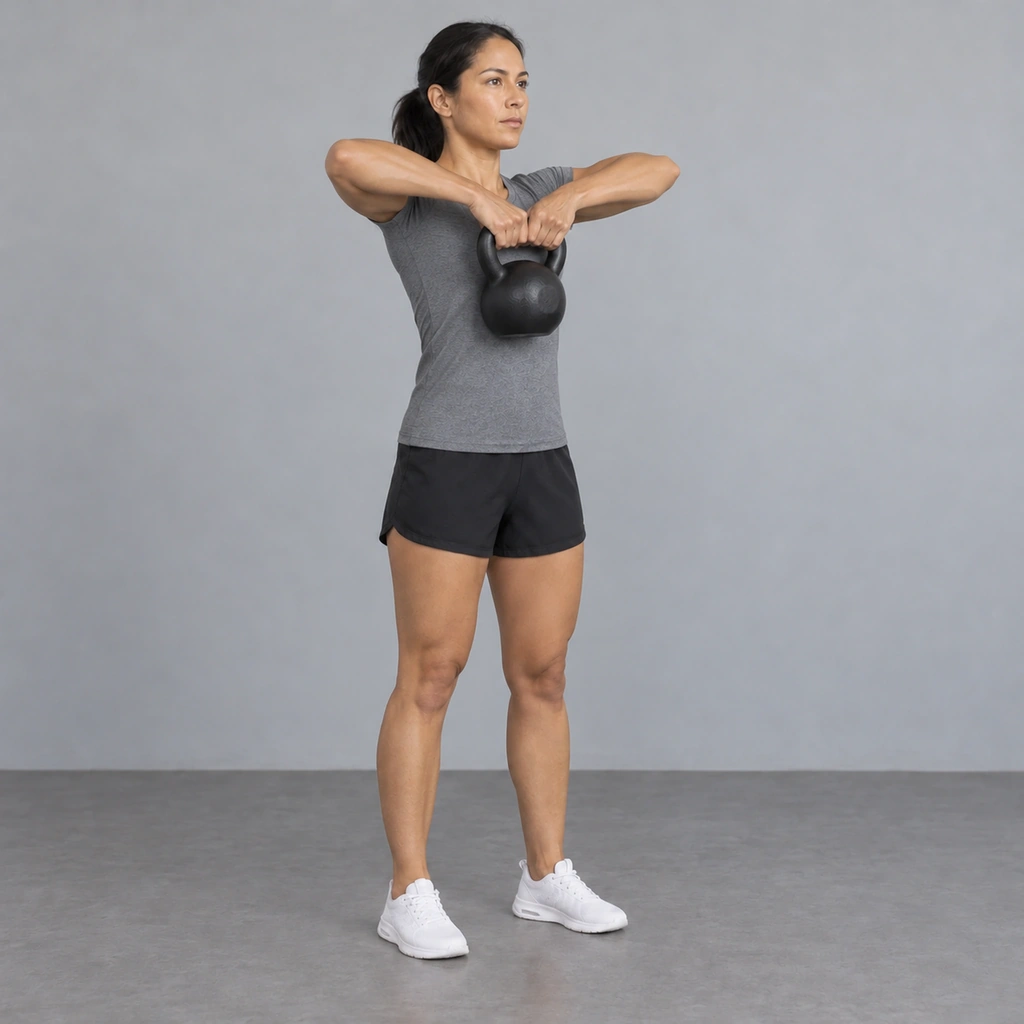 The same woman with the kettlebell pulled up in front of her chest and both elbows bent and pointing up and out to the sides.
