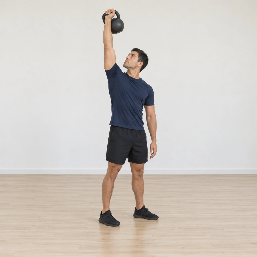 He stands tall with the kettlebell locked straight overhead in his right arm, feet planted and turned 45 degrees to the left, his free arm hanging at his side and his eyes up at the bell.