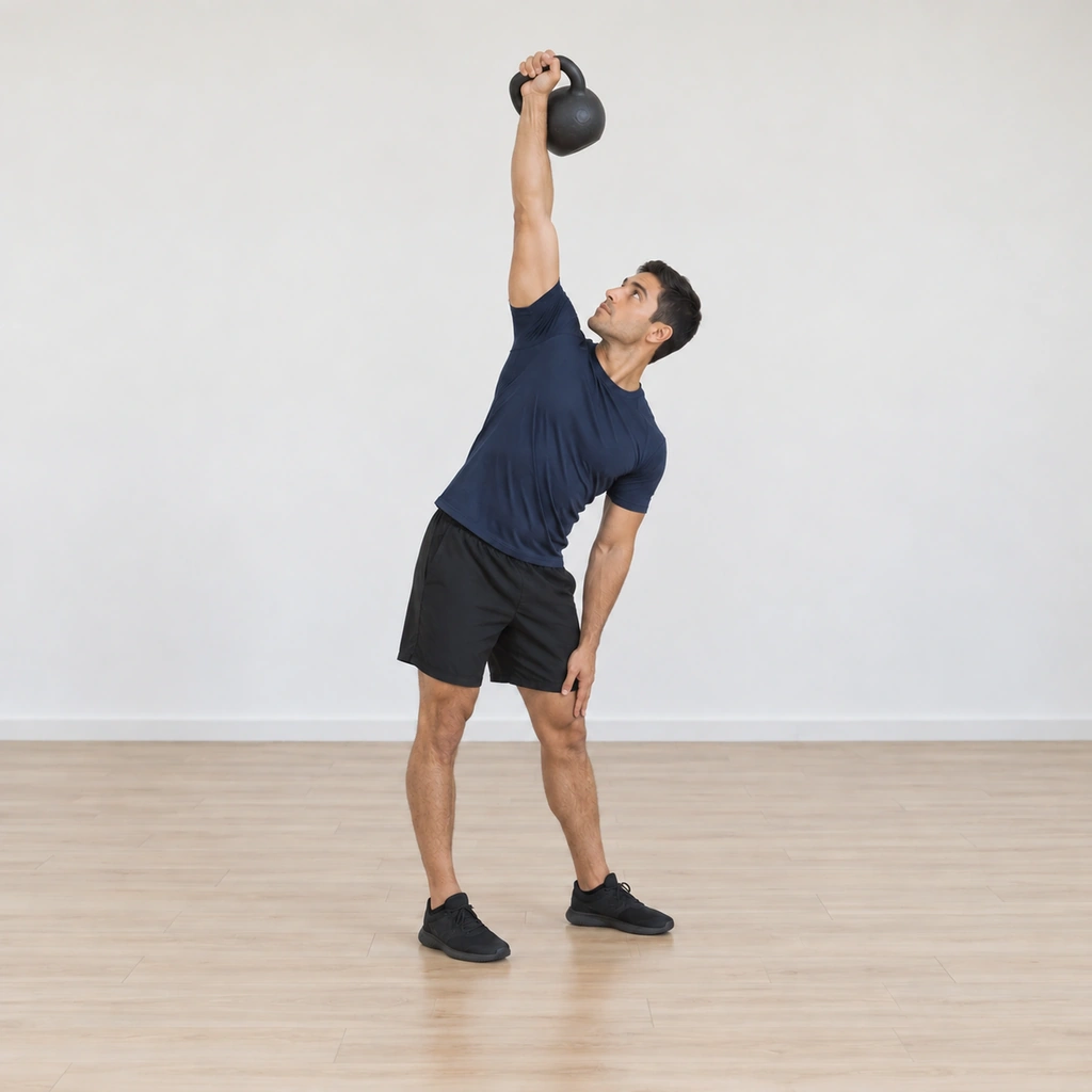 He pushes his right hip out to the side and hinges: the bell still locked overhead, his left hand starting down the inside of his left leg, his eyes fixed on the bell.