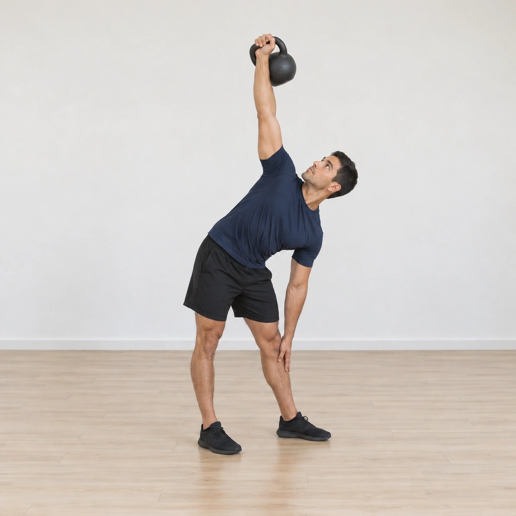 He has hinged deep: his left hand slid down toward the inside of his left ankle, his right hip fully shifted, the right arm still vertical with the bell overhead and his eyes locked on it.