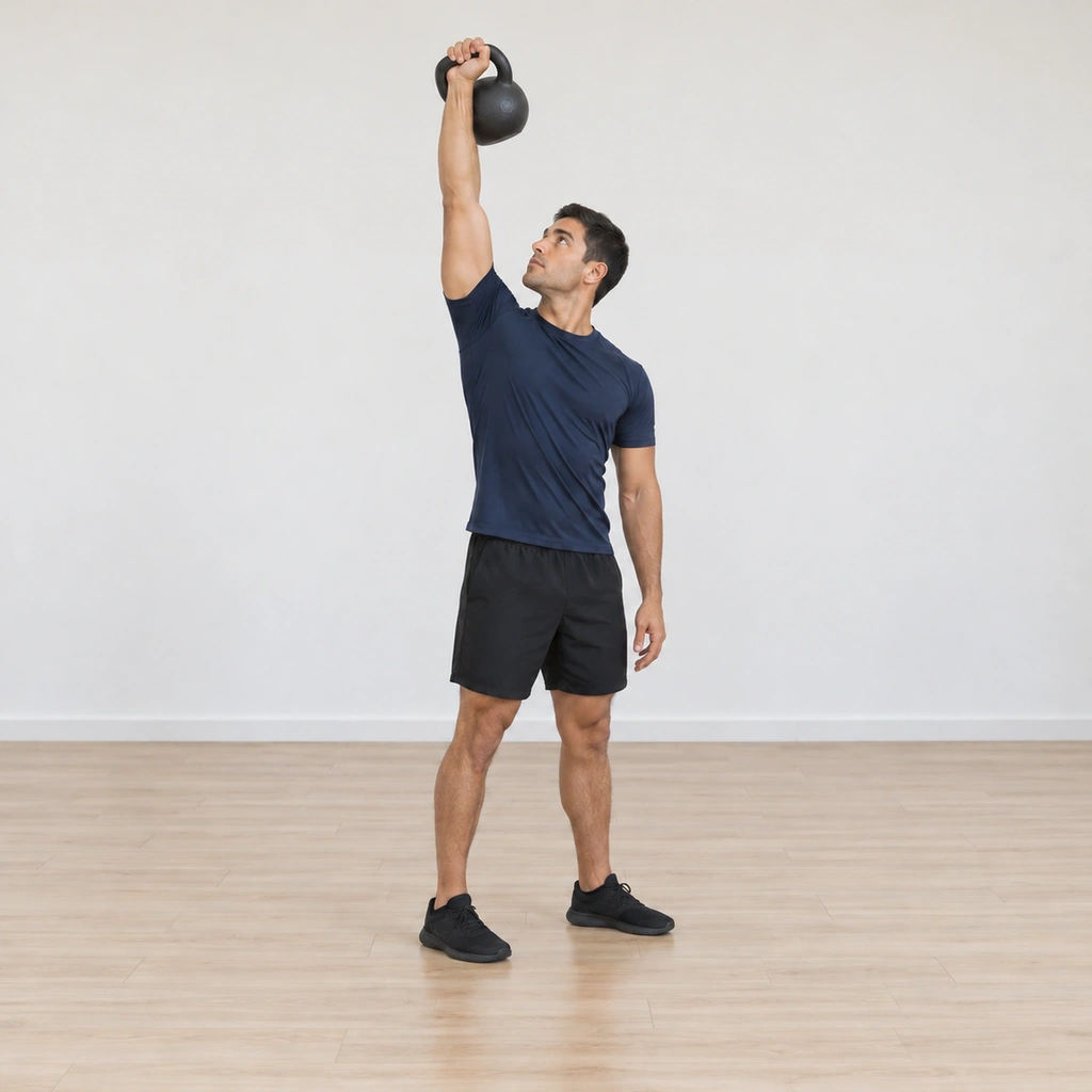 He rises back toward standing: the hip drawing back under him, the left hand lifting from the leg, the right arm still locked vertical and the eyes on the bell.