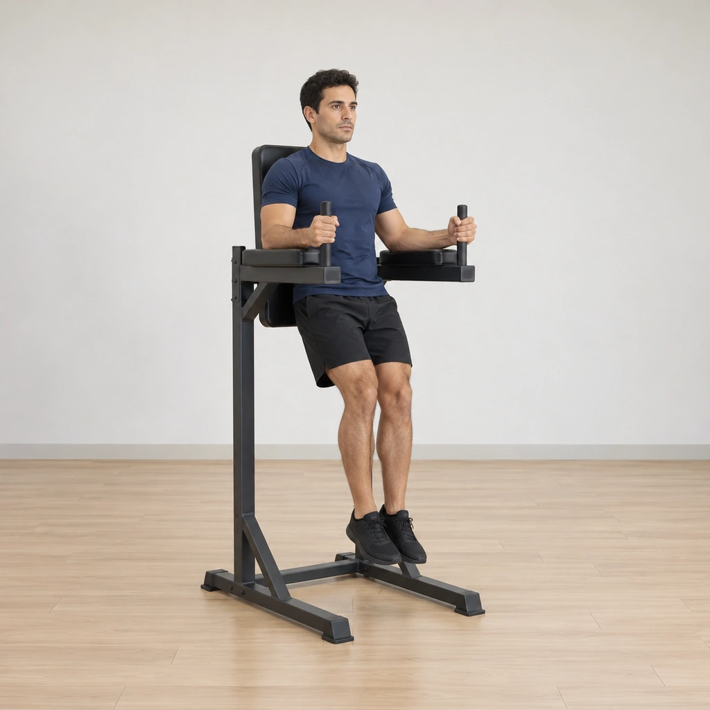 He is supported upright on the knee-raise station, forearms on the pads bent at 90 degrees, hands on the handles, lower back pressed to the back pad and legs extended toward the floor.