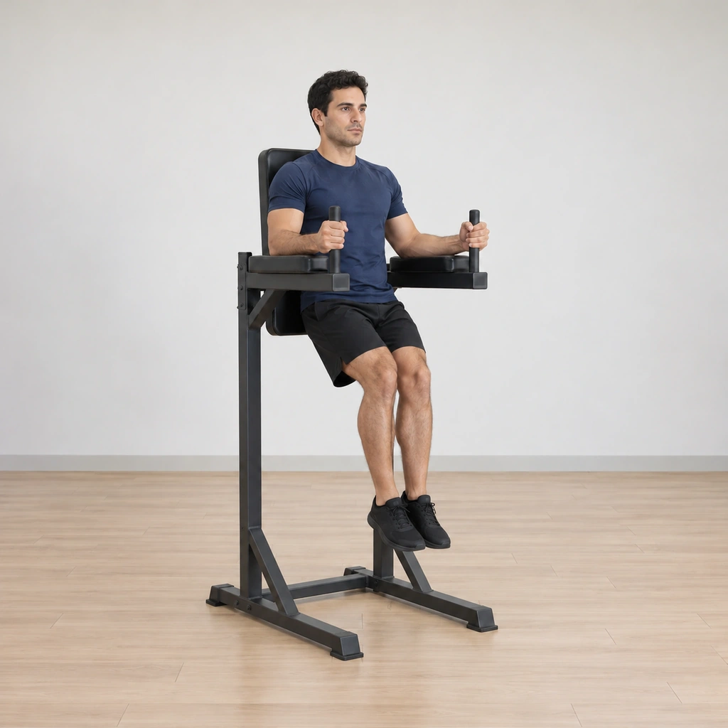 He lowers both legs under control back toward the extended hang, forearms and back still on the pads.