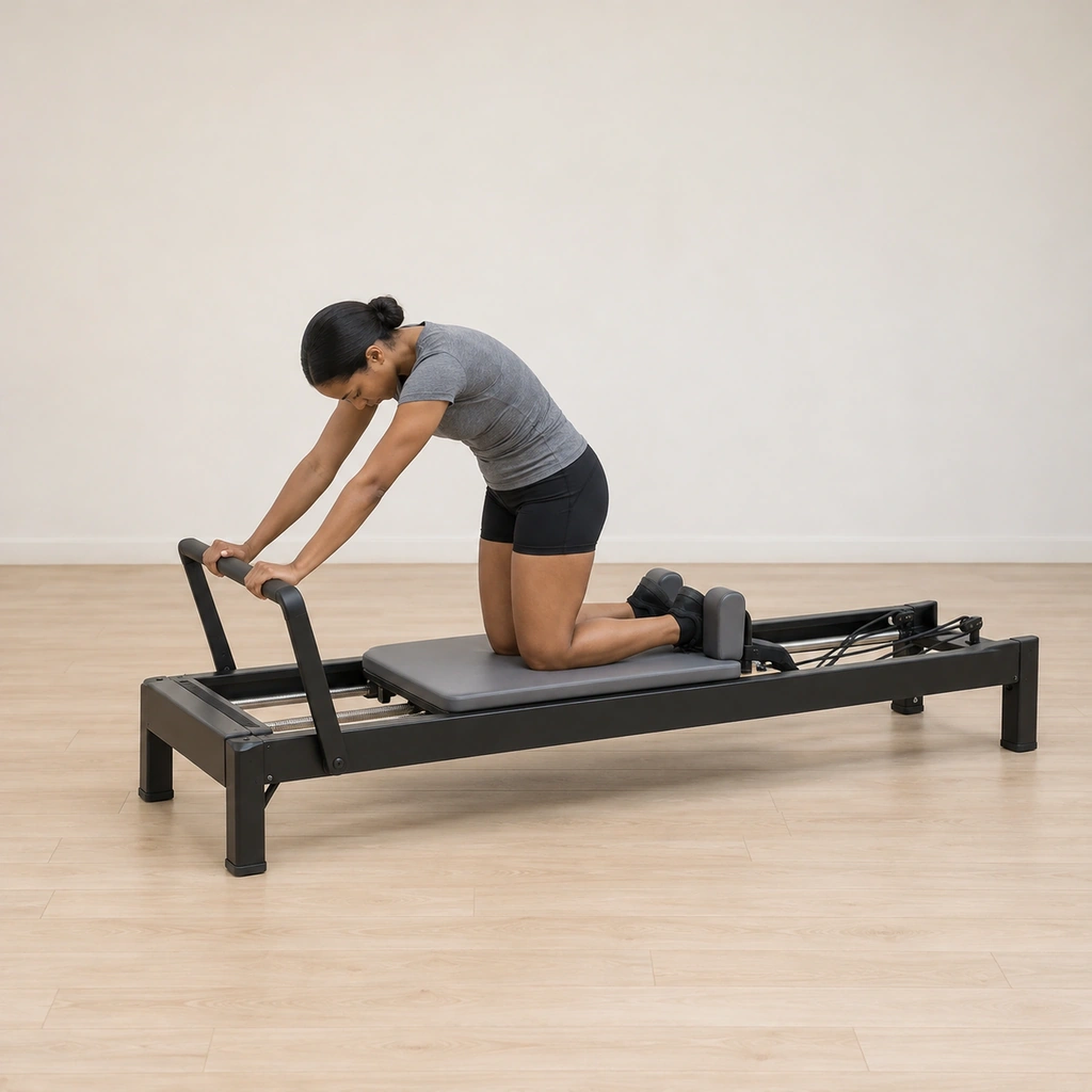 She kneels on the closed carriage with her hands on the footbar, her spine fully rounded, her gaze toward her tailbone and her feet pressing back into the shoulder blocks.