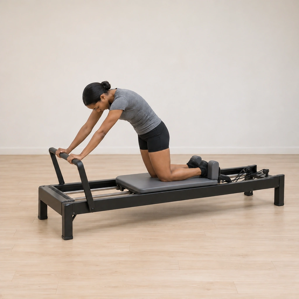 Her legs have pressed back into the shoulder blocks and driven the carriage out about a shin length, her round spine and her hands on the footbar unchanged.