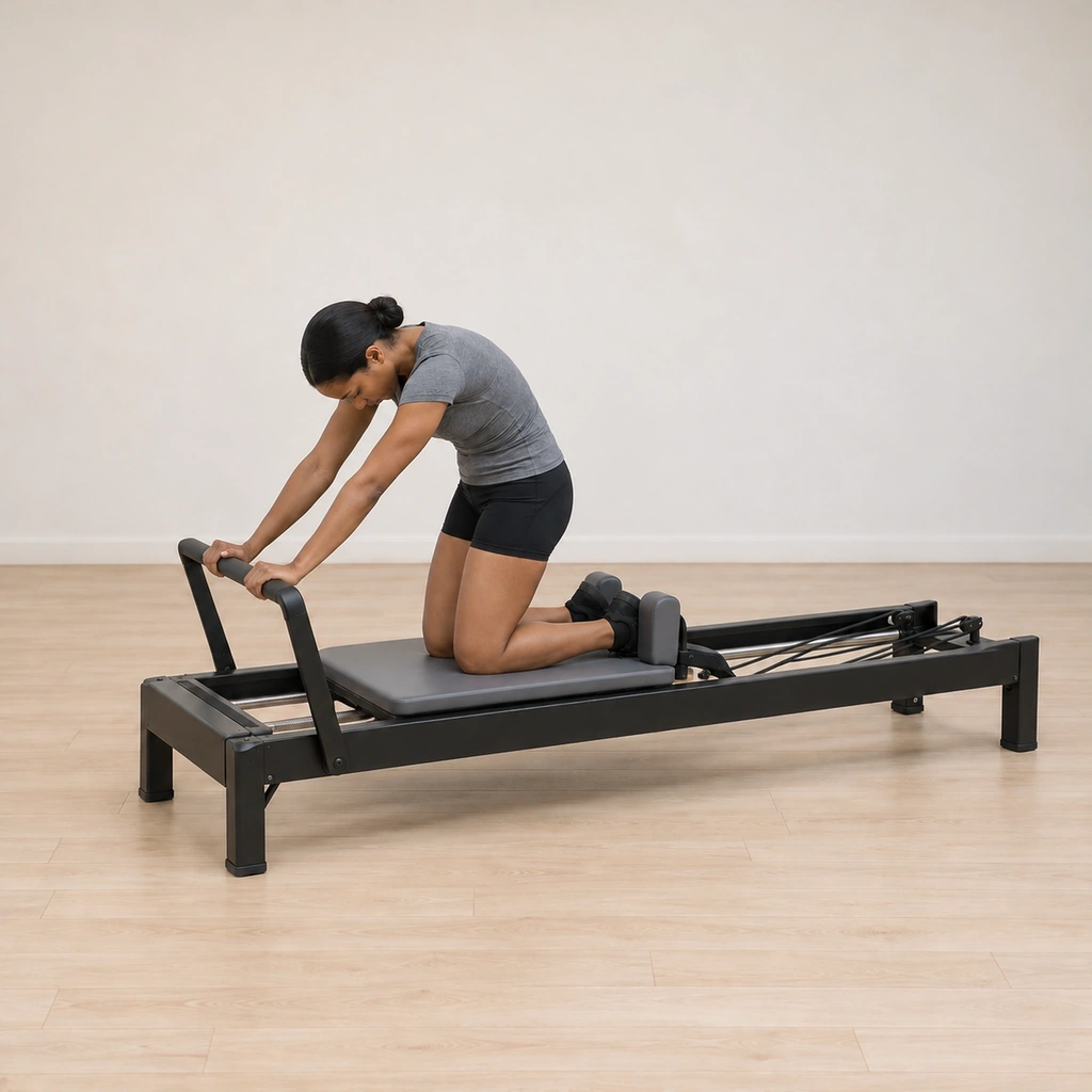 Her seat and the back of her legs have drawn the carriage back in along the frame, the round shape and the shoulder-block foot pressure unchanged.
