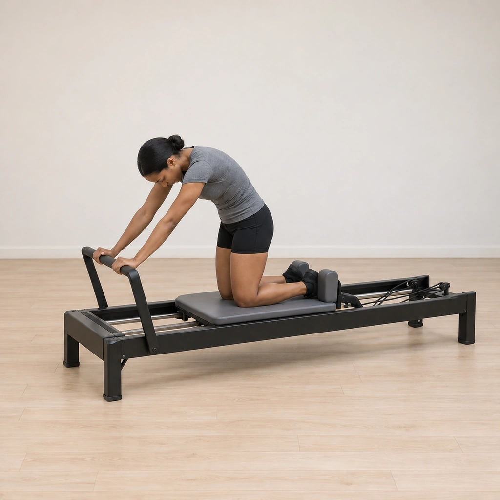 She holds the rounded kneel on the closed carriage between repetitions, her hands on the footbar, her gaze toward her tailbone and her feet still pressing the shoulder blocks.