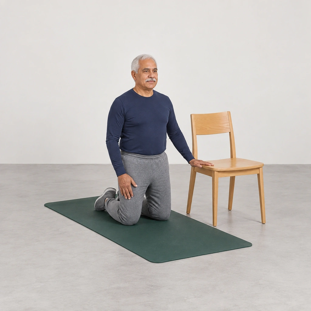 Older man kneeling upright on a mat on both knees, with his left hand on the seat of a chair beside him.