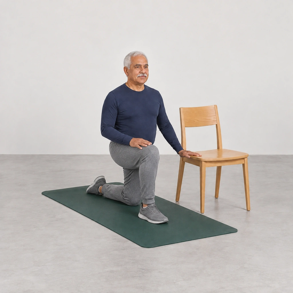 Older man half kneeling on a mat with his right foot forward, one hand on a chair seat and one hand on his knee.