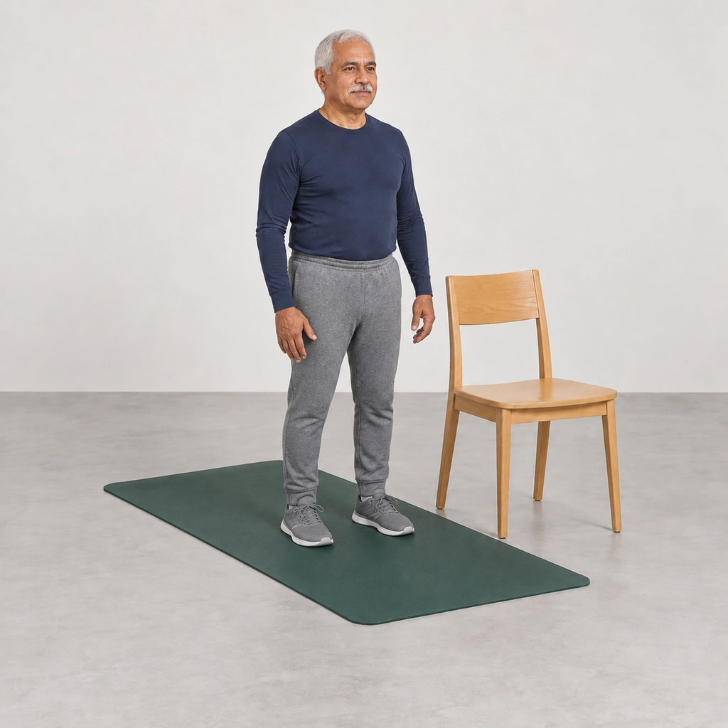 Older man standing upright on a mat beside a chair with both feet flat and his arms relaxed.