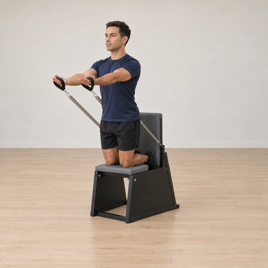 He carries both arms through the circle arc and back to the forward-up reach, palms up, the springs closing under control.