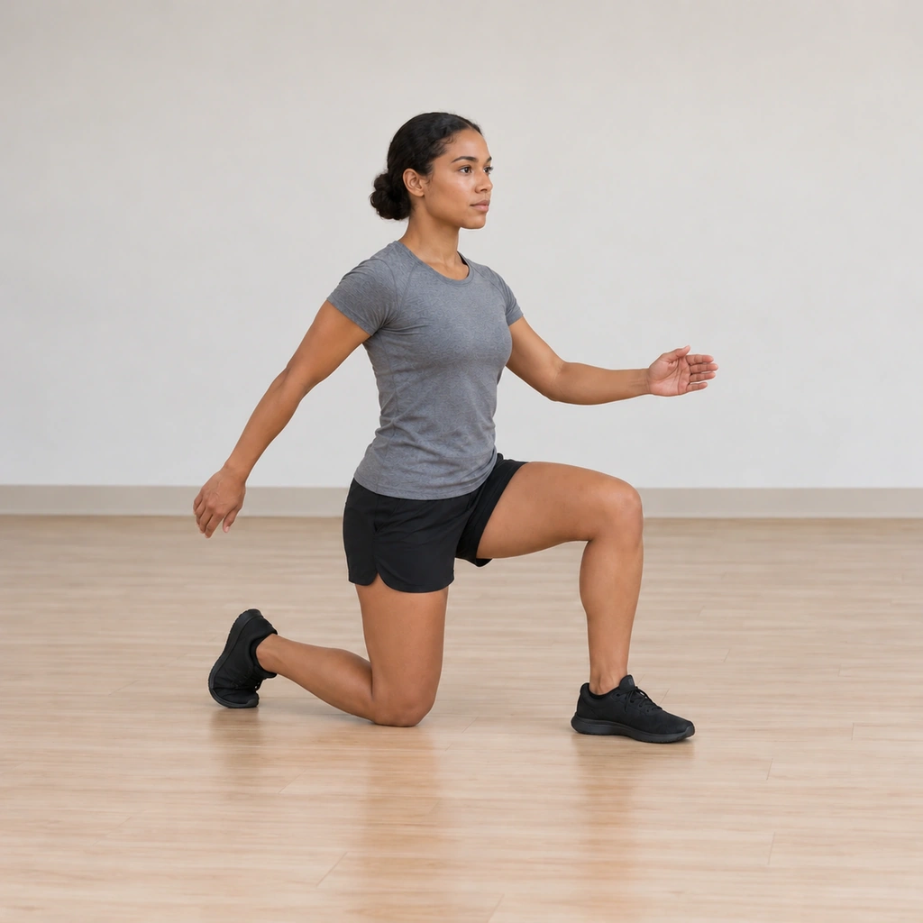 Her arms swing in long pendulum arcs from the shoulders, one arm forward and one back at the jog tempo, the kneeling base still.