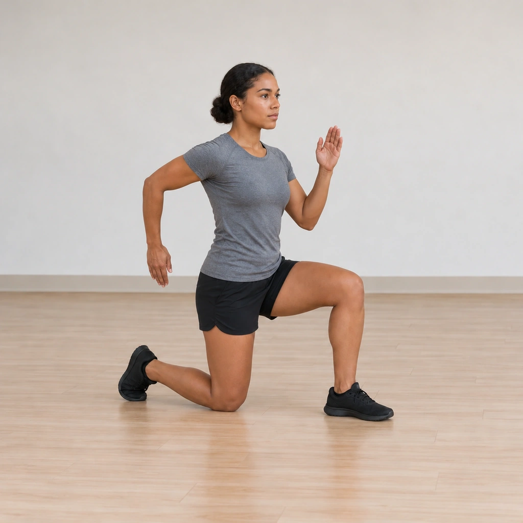 Her arms now pump at sprint tempo, elbows bent near ninety degrees, one hand accelerating forward past her hip while the other drives back, the kneel still set.