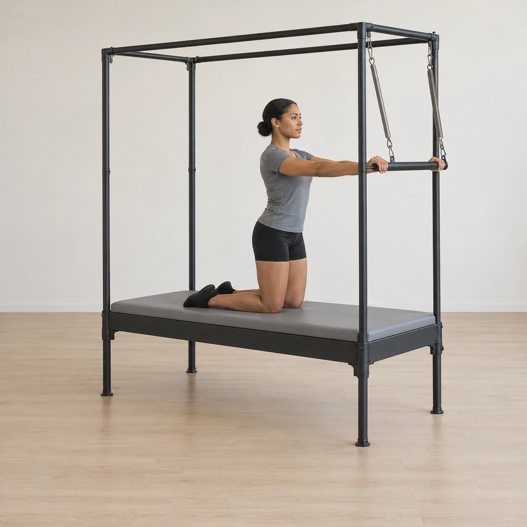 A woman kneels on the cadillac table facing the roll-back bar, knees and feet hip-distance, shins pressed down, arms reached straight out from her back so her fingers touch the vertical poles.