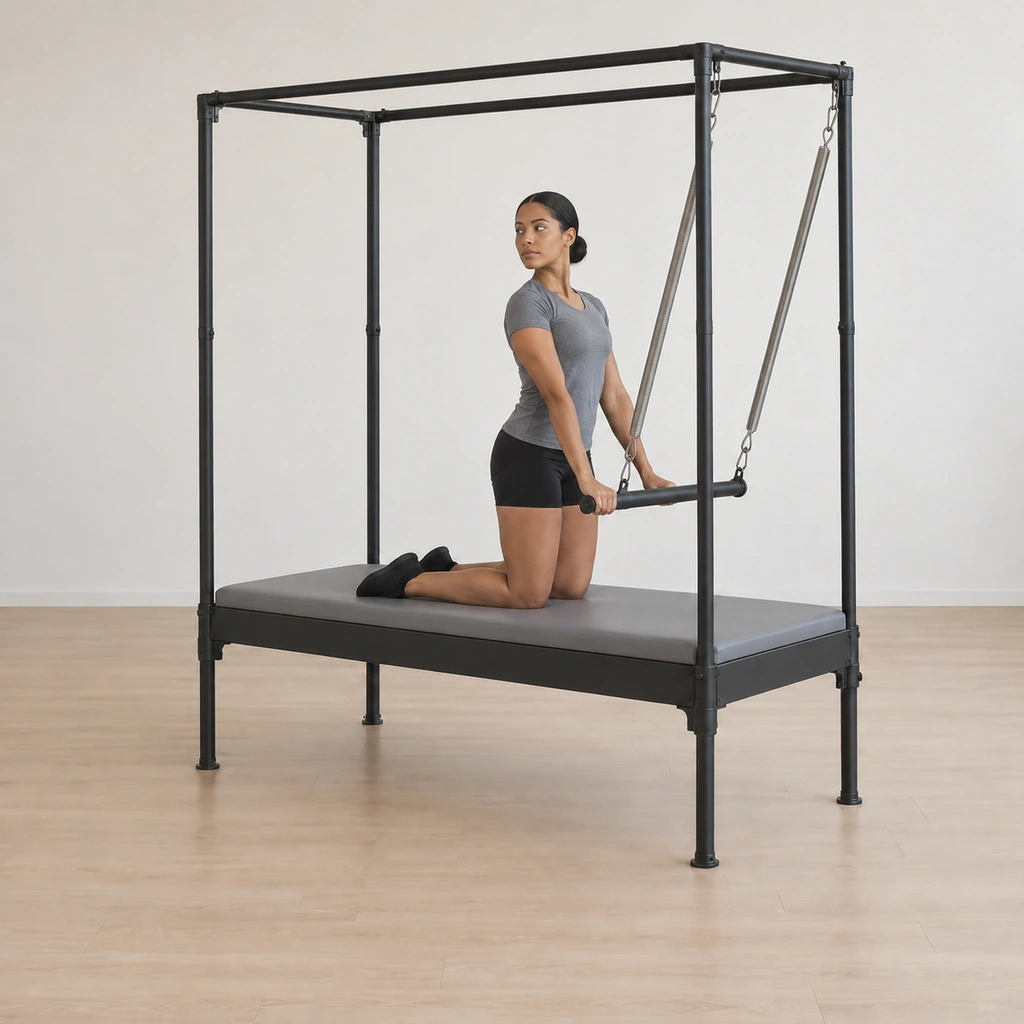 She holds the bar down at her thighs with her head turned to one side, the press and the lift maintained.