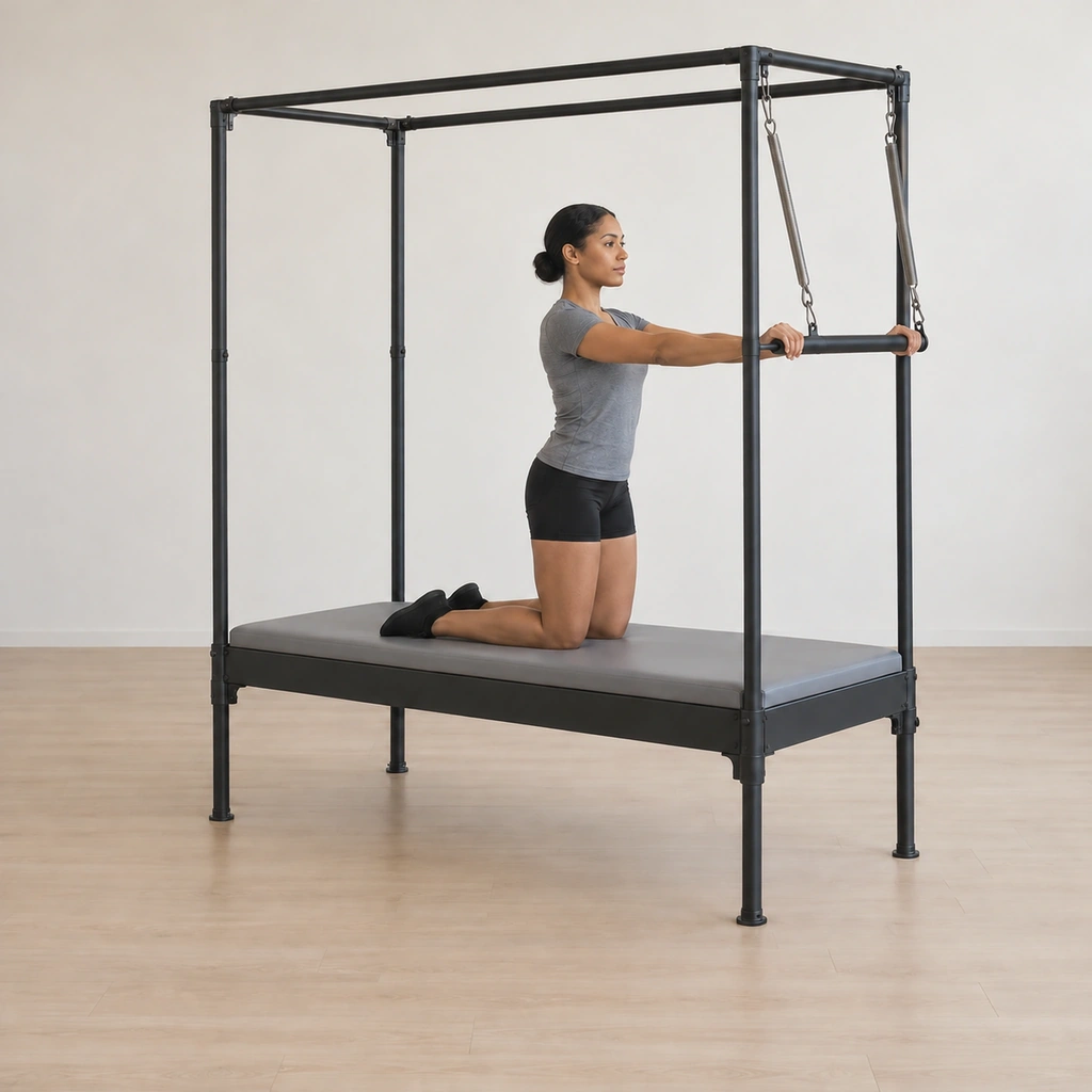 Her head is back to center and the bar has floated back up as her arms return to the straight-from-the-back reach.