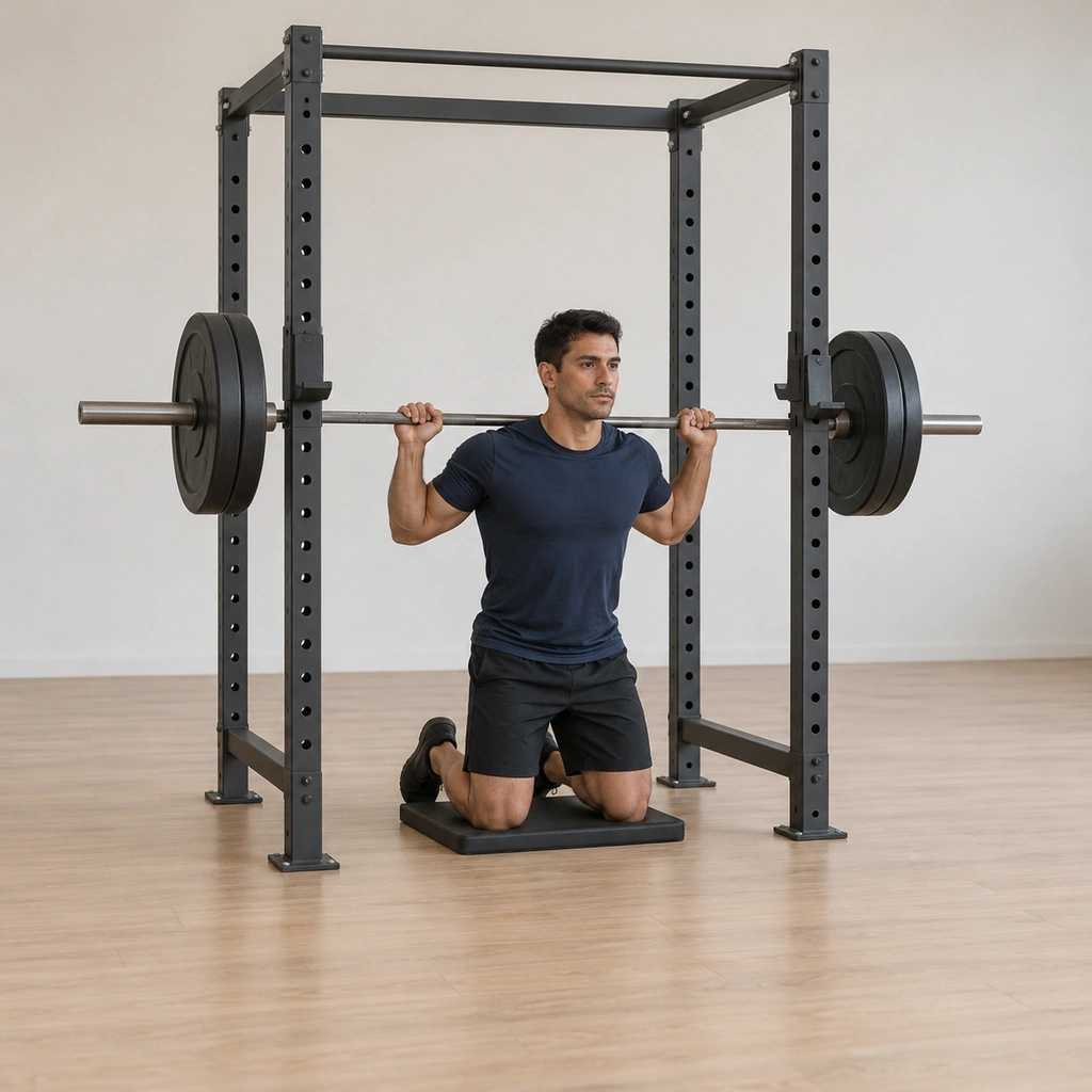 He kneels upright inside the rack on the knee mat, the loaded bar resting across the back of his shoulders, head and chest up.