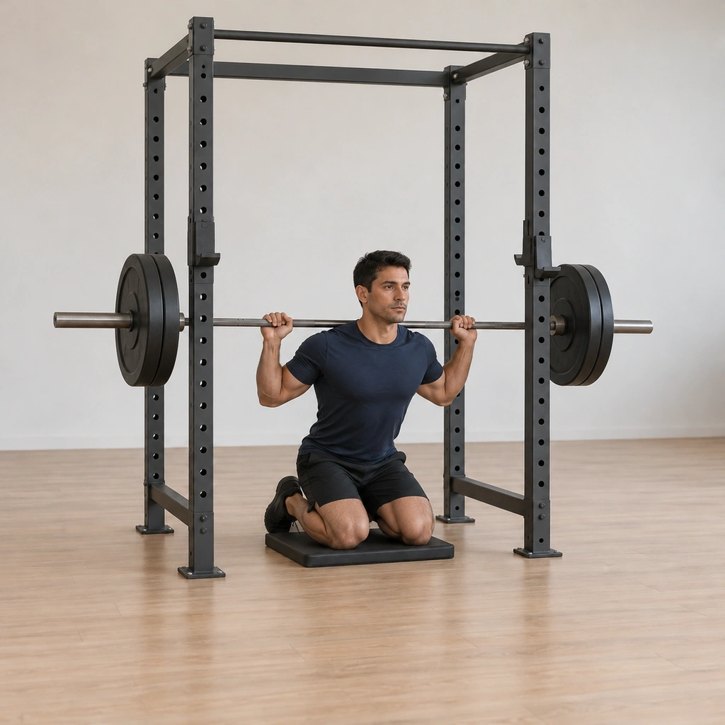 He has sat his hips fully back so his glutes touch his feet, the bar still on his shoulders, head and chest up over the deep kneel.