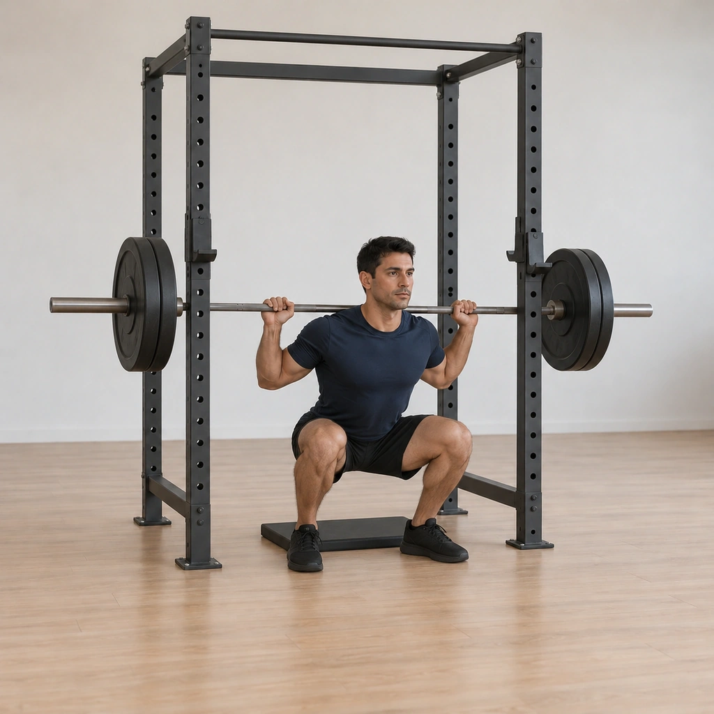 He is at the landing of the explosion, his feet planted flat under his hips in a deep squat position, knees just lifted off the mat and the bar still racked on his shoulders.