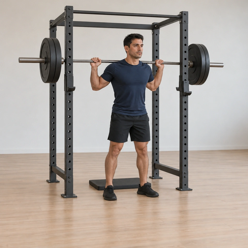 He is driving up through his heels out of the deep squat, knees extending toward a tall stand with the bar still racked on his shoulders.