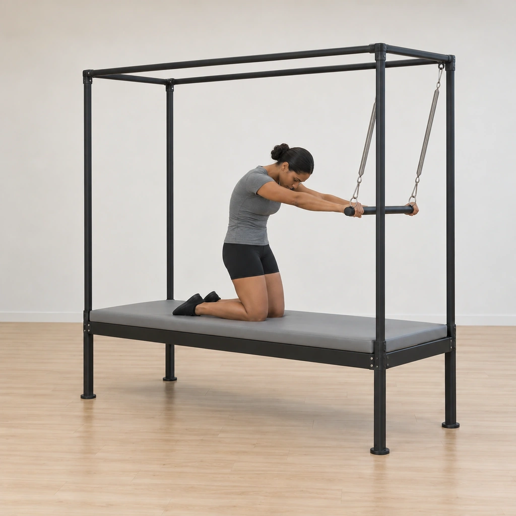 Her spine has rounded forward as the bar reaches away and pulls down, her chest reaching between the uprights, her hips still stacked over her knees and her arms long without hanging in the joints.
