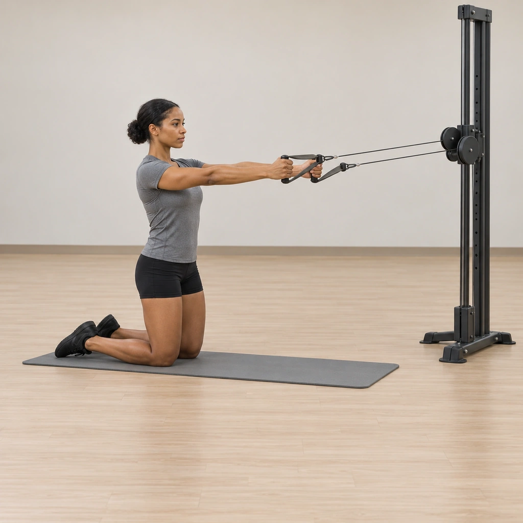 She kneels tall on the mat facing the cable line, both arms fully extended in front of her at shoulder height gripping a handle each with a neutral grip, her shoulders down and back and her torso erect.
