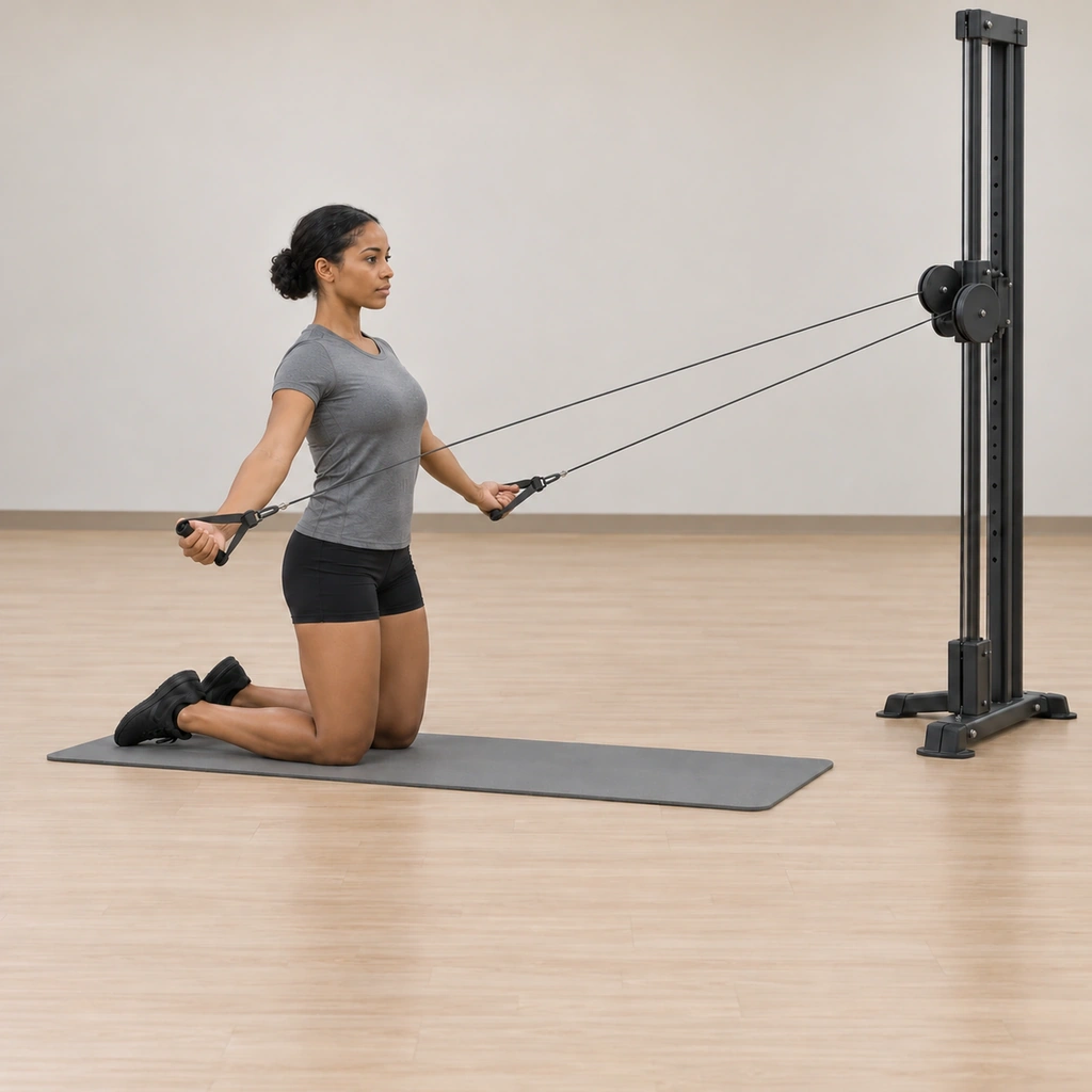 Her straight arms are sweeping out and back through the wide arc toward hip level, the cables drawing the load, her elbows still extended and her torso tall and unmoved.